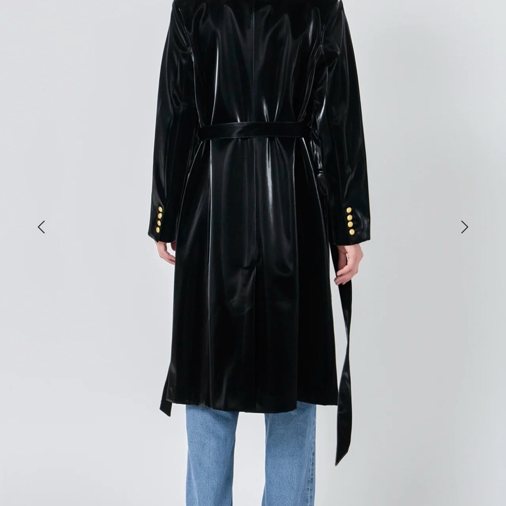 Endless Rose Shiny Faux Leather Black Trench Coat with Gold Buttons - Picture 2 of 4